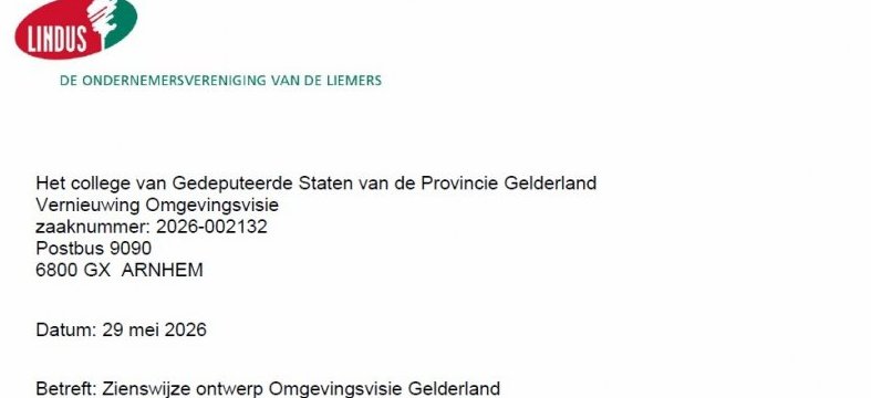 Zienswijze Lindus op ontwerp Omgevingsvisie Gelderland